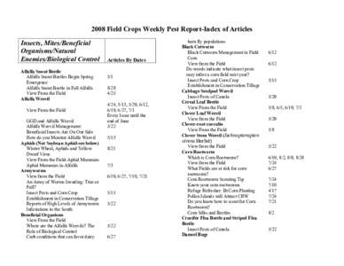 2008 Field Crops Weekly Pest Report-Index of Articles Insects, Mites/Beneficial Organisms/Natural Enemies/Biological Control Alfalfa Snout Beetle Alfalfa Snout Beetles Begin Spring