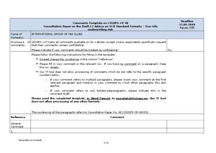 Deadline[removed]p.m. CET Comments Template on CEIOPS-CP 48 Consultation Paper on the Draft L2 Advice on SCR Standard Formula – Non-Life