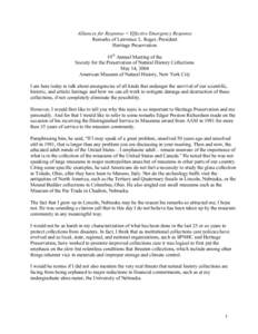 Alliances for Response = Effective Emergency Response Remarks of Lawrence L. Reger, President Heritage Preservation 19th Annual Meeting of the Society for the Preservation of Natural History Collections May 14, 2004