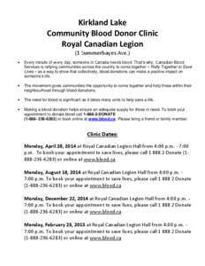 Kirkland Lake Community Blood Donor Clinic Royal Canadian Legion (1 Summerhayes Ave.) 