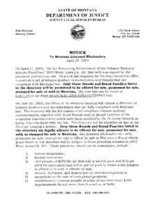 Regulatory Notice to Wholesalers announcing Tobacco Directory and website pursuant to 2003 Mont. Laws Ch. 397