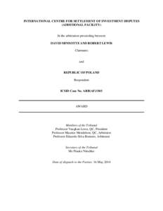 INTERNATIONAL CENTRE FOR SETTLEMENT OF INVESTMENT DISPUTES (ADDITIONAL FACILITY) In the arbitration proceeding between DAVID MINNOTTE AND ROBERT LEWIS Claimants