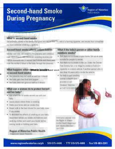 Second-hand Smoke During Pregnancy What is second-hand smoke Second-hand smoke is the smoke that goes into the air from the end of a burning cigarette, and smoke that is breathed out from someone smoking a cigarette.