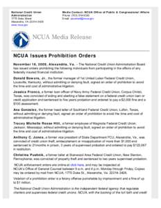 NCUA Issues Prohibition Orders