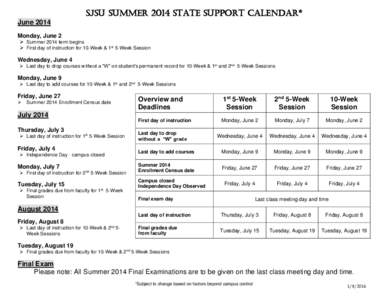 SJSU SUMMER 2014 STATE SUPPORT CALENDAR* June 2014 Monday, June 2  Summer 2014 term begins  First day of instruction for 10-Week & 1st 5-Week Session