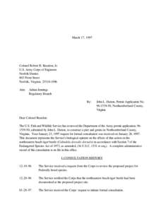 March 17, 1997  Colonel Robert H. Reardon, Jr. U.S. Army Corps of Engineers Norfolk District 803 Front Street