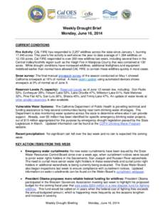 Weekly Drought Brief Monday, June 16, 2014 CURRENT CONDITIONS Fire Activity: CAL FIRE has responded to 2,257 wildfires across the state since January 1, burning 17,440 acres. This year’s fire activity is well above the