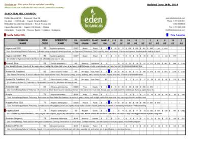 Updated June 26th, 2014  Disclaimer : This price list is updated monthly. Please see our website for our most current inventory.  ESSENTIAL OIL CATALOG