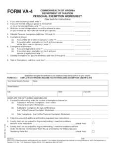 FORM VA-4  COMMONWEALTH OF VIRGINIA DEPARTMENT OF TAXATION  PERSONAL EXEMPTION WORKSHEET