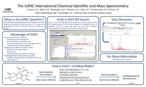 The IUPAC International Chemical Identifier and Mass Spectrometry Linstrom, P.J.1, Heller, S.R.1, McNaught, A.D.2, Mirokhin, Y.A.1, Stein, S.E.1, Tchekhovskoi, D.V.1, Pletnev, I.V.3 1 NIST, Gaithersburg, MD; 2 Cambridge,