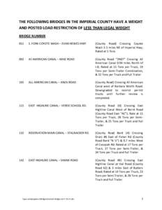 THE FOLLOWING BRIDGES IN THE IMPERIAL COUNTY HAVE A WEIGHT AND POSTED LOAD RESTRICTION OF LESS THAN LEGAL WEIGHT BRIDGE NUMBER 051  S. FORK COYOTE WASH – EVAN HEWES HWY