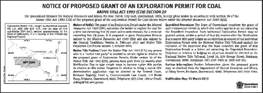 Notice of proposed grant of Exploration Permit for Coal 2285, Native Title Act[removed]Cth) Section 29