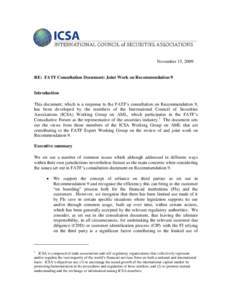 November 15, 2009  RE: FATF Consultation Document: Joint Work on Recommendation 9 Introduction This document, which is a response to the FATF’s consultation on Recommendation 9,