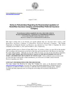 DEPARTMENT OF FINANCIAL SERVICES  Division of Rehabilitation and Liquidation www.myfloridacfo.com/receiver  August 27, 2012