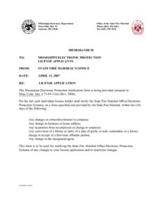 Mississippi Insurance Department Post Office Box 79 Jackson, MS[removed]Office of the State Fire Marshal Phone[removed]