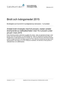 RättsväsenBrott och tvångsmedel 2015 Brottslighet som kommit till myndigheternas kännedom, 1:a kvartalet  Antalet brott minskade med 6,8 procent, medan antalet