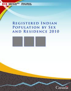 Registered Indian P o p u l at i o n b y S e x and Residence 2010 RISE FIORD, CORAL HARBOUR, ARVIAT, WHALE, RANKIN INLET, CHERSTERFIELD INLET, BAKER LAKE, REPULSE BAY, KUGAARUK, KUGLUKTUK, CAM INSTIKEPTUM, BLOOD, NORWAY 