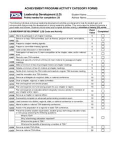 ACHIEVEMENT PROGRAM ACTIVITY CATEGORY FORMS Leadership Development (LD) Points needed for completion: 20 Student Name: Advisor Name: