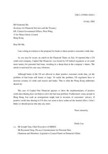 CB[removed]) 24 July 2002 Mr Frederick Ma Secretary for Financial Services and the Treasury 8/F, Central Government Offices, West Wing 11 Ice House Street, Central