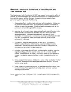 Parenting / Child welfare / Child protection / Adoption and Safe Families Act / Child Protective Services / Adoption / Parent / Child and Family Services Review / Family / Childhood / Foster care