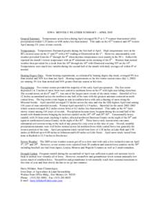 IOWA MONTHLY WEATHER SUMMARY – APRIL 2003 General Summary. Temperatures across Iowa during April averaged 50.2° or 1.7° warmer than normal while precipitation totaled 3.25 inches or 0.08 inches less than normal. This