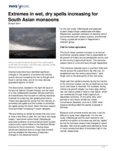 Extremes in wet, dry spells increasing for South Asian monsoons