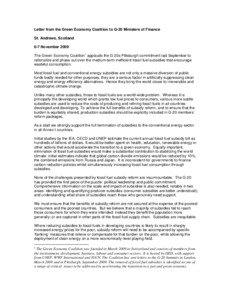 Letter from the Green Economy Coalition to G-20 Ministers of Finance St. Andrews, Scotland 6-7 November 2009