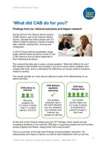 Citizens Advice Impact Team  ‘What did CAB do for you?’ Findings from our national outcomes and impact research During[removed]the Citizens Advice bureau (CAB) network, part of the Citizens Advice