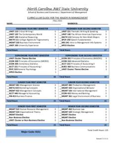 North Carolina A&T State University School of Business and Economics / Department of Management CURRICULUM GUIDE FOR THE MAJOR IN MANAGEMENT FALL 2011 NAME: