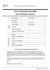 Port Lincoln Yacht Club Inc[removed]REGISTRATION FORM OFF THE BEACH YACHTS Class/Design  Sail Number