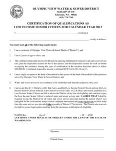 OLYMPIC VIEW WATER & SEWER DISTRICT 8128 228th ST SW Edmonds, WA7769  CERTIFICATION OF QUALIFICATIONS AS