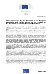 EUROPEAN COMMISSION  MEMO Astana, 3 June[removed]Joint Communiqué by the President of the European