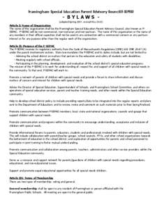 Framingham Special Education Parent Advisory Council(F-SEPAC)  - BYLAWS (adopted Spring 2007, revised May[removed]Article I: Name of Organization The name of this organization shall be the Framingham Special Education Pare