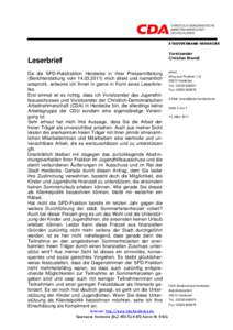 STADTVERBAND HERDECKE Vorsitzender Christian Brandt Leserbrief Da die SPD-Ratsfraktion Herdecke in Ihrer Pressemitteilung