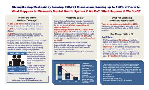 Strengthening Medicaid by Insuring 300,000 Missourians Earning up to 138% of Poverty: What Happens to Missouri’s Mental Health System if We Do? What Happens if We Don’t? What If We Extend Medicaid Coverage? $1.8 to $