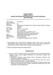 CATATAN RAPAT KOMISI IV DPR RI (BIDANG PERTANIAN, KEHUTANAN, KELAUTAN DAN PERIKANAN, SERTA PANGAN)  Tahun Sidang