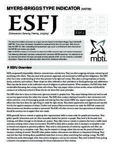 Myers-Briggs Type Indicator (MBTI®)  ESFJ (Extraversion, Sensing, Feeling, Judging)  ISTJ