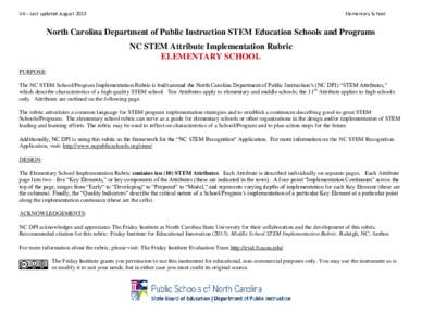 V4 – Last updated August[removed]Elementary School North Carolina Department of Public Instruction STEM Education Schools and Programs NC STEM Attribute Implementation Rubric