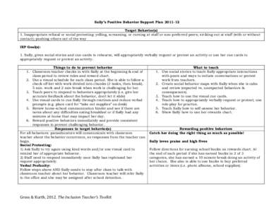 Sally’s Positive Behavior Support Plan[removed]Target Behavior(s) 1. Inappropriate refusal or social protesting: yelling, screaming, or cursing at staff or non-preferred peers; striking out at staff (with or without co