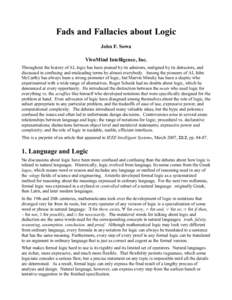 Fads and Fallacies about Logic John F. Sowa VivoMind Intelligence, Inc. Throughout the history of AI, logic has been praised by its admirers, maligned by its detractors, and discussed in confusing and misleading terms by