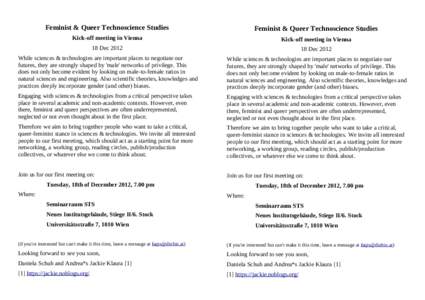 Feminist & Queer Technoscience Studies  Feminist & Queer Technoscience Studies Kick-off meeting in Vienna