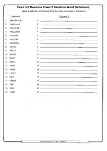 Years 3-5 Revision Sheet 3 Skeleton Word Definitions Write a definition in Column B for the word or phrase in Column A Column A Column B