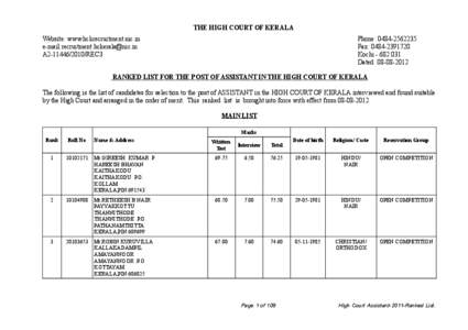 THE HIGH COURT OF KERALA Website: www.hckrecruitment.nic.in e-mail:[removed] A2[removed]REC3  Phone: [removed]