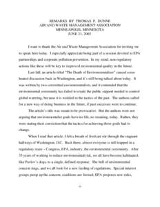 EPA: OSWER: Remarks By Thomas P. Dunne, Air and Waste Management Association, Minneapolis, Minnesota, June 21, 2005