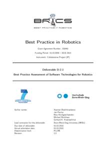 Best Practice in Robotics Grant Agreement Number: [removed]Funding Period: [removed] – [removed]Instrument: Collaborative Project (IP)  Deliverable D-2.1