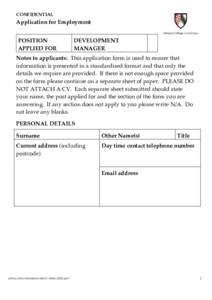 CONFIDENTIAL  Application for Employment POSITION APPLIED FOR