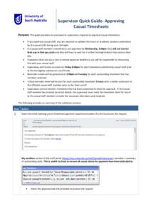 Supervisor Quick Guide- Approving Casual Timesheets Purpose: This guide provides an overview for supervisors required to approval casual timesheets.   If you supervise casual staff, you are required to validate the ho