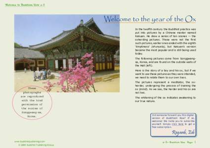 Welcome to Buddhism Now e-3  Welcome to the year of the Ox In the twelfth century the Buddhist practice was put into pictures by a Chinese master named Kakuan. He drew a series of ten scenes — the