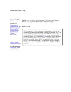 Sudan: Letter of Intent, Memorandum of Economic and Financial Policies, and Technical Memorandum of Understanding; June 26, 2014