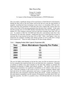 More Ways to Play Thomas M. Coughlin Coughlin Associates September 2003 To Appear in Data Storage and Entertainment, a WWPI Publication This year marks a significant change in the recent history of hard disk drive develo